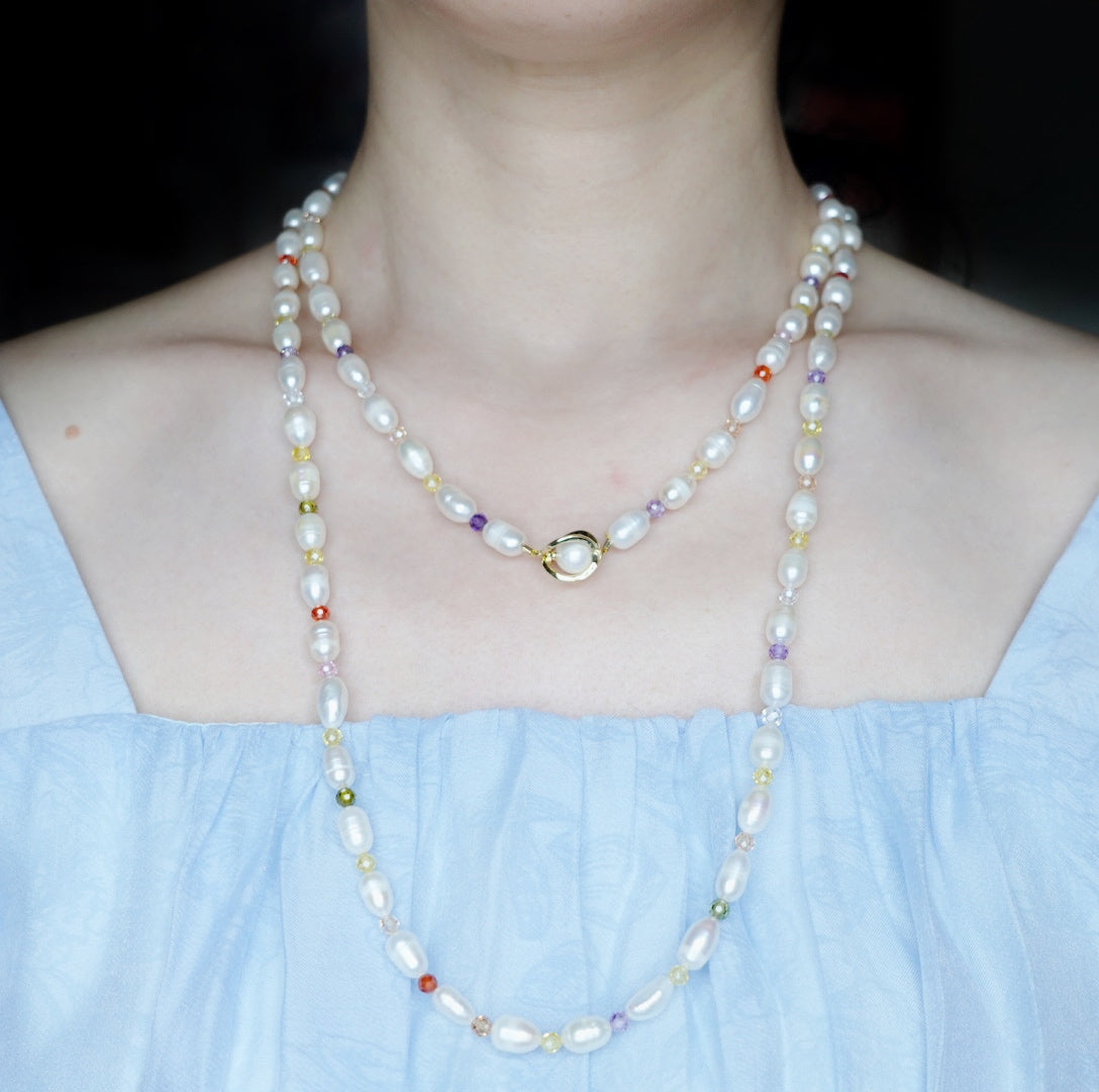 Long Pearl Necklace with Colorful Zirconia