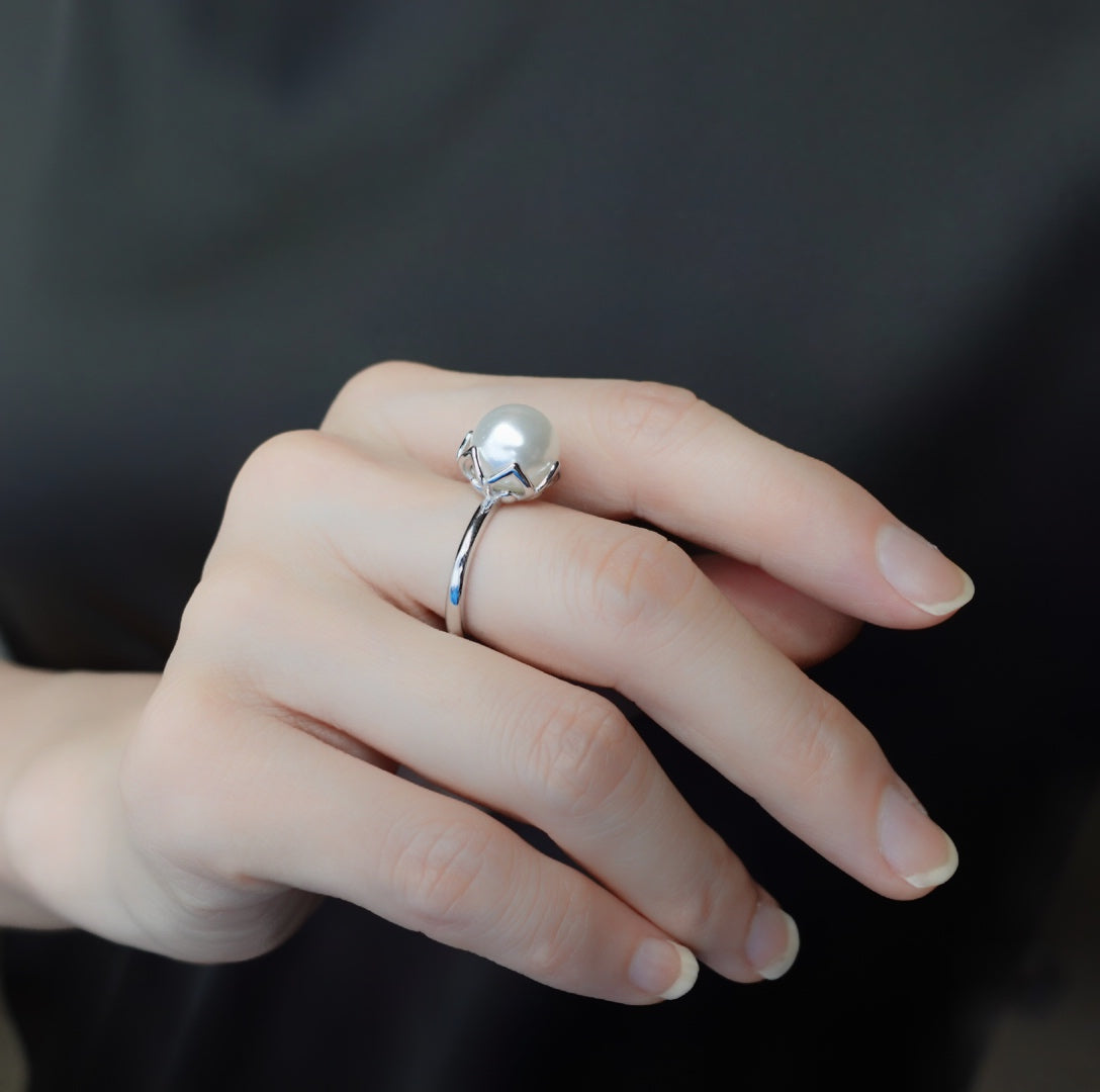 Silver Lotus Pearl Ring