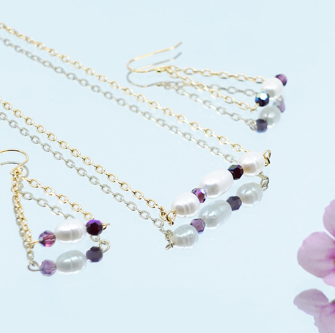 Pearl Cluster Necklace and Earrings Set (Purple) - Yun Boutique