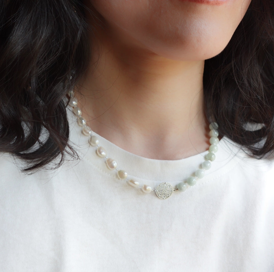 Yun Boutique Baroque Pearl and Jadeite Necklace Silver