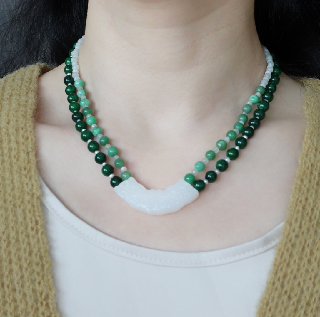 Auspicious Clouds White Jade Huang Beaded Necklace - Yun Boutique