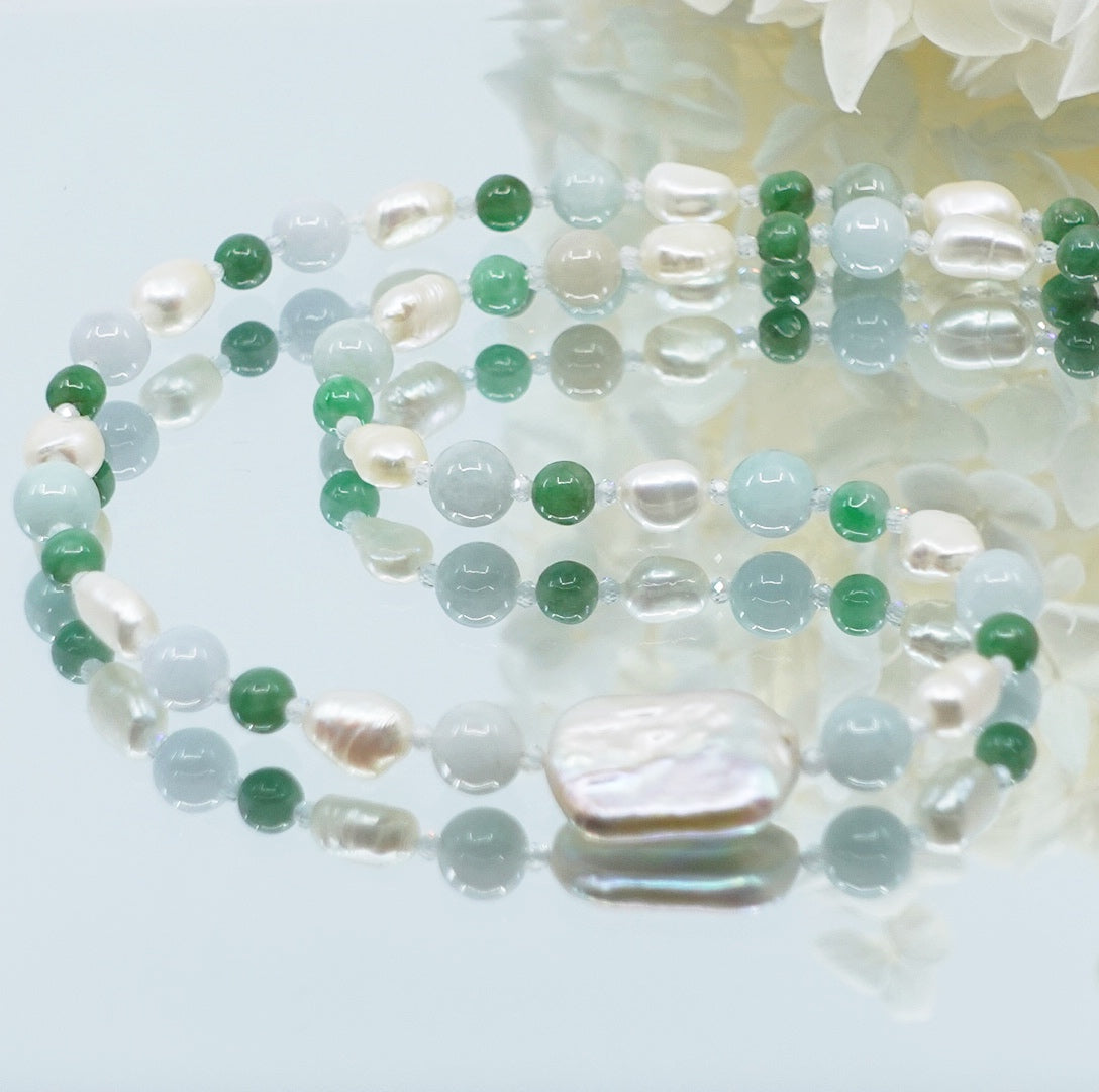Yun Boutique Baroque Pearl and Jadeite Necklace Silver