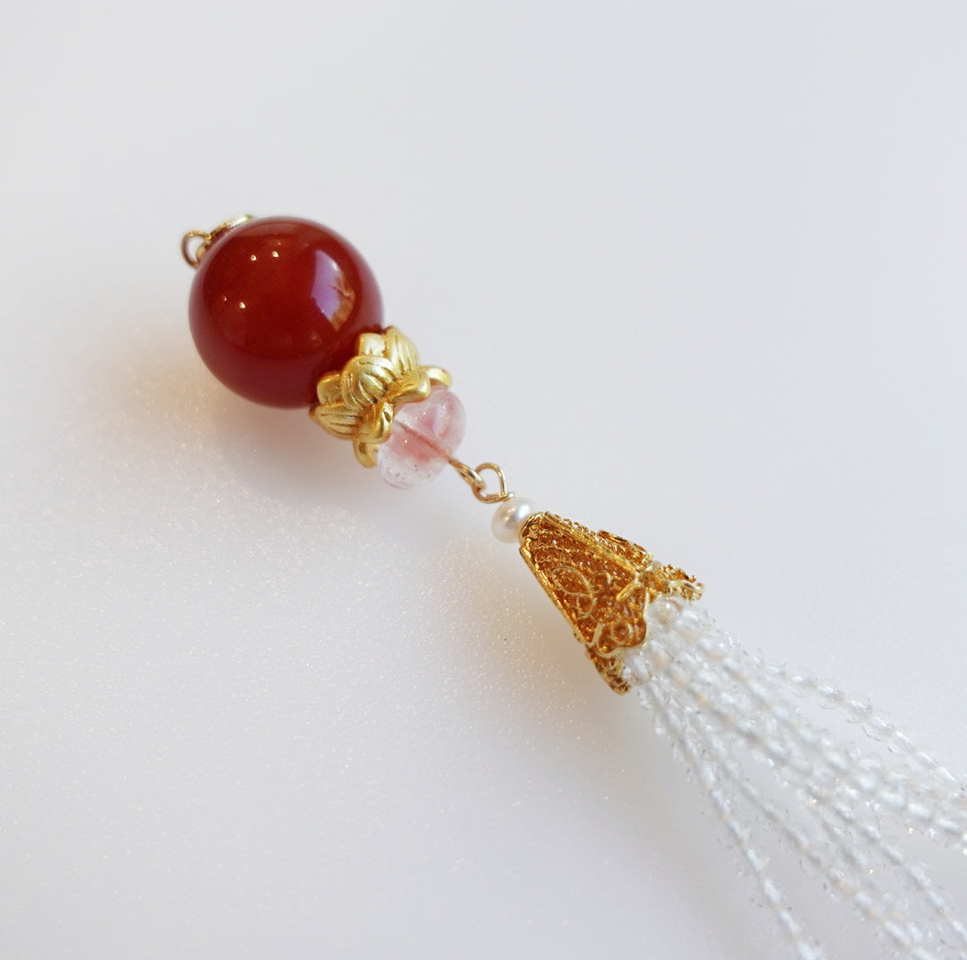 Carnelian Lotus Zircon Tassel Pendant - Yun Boutique