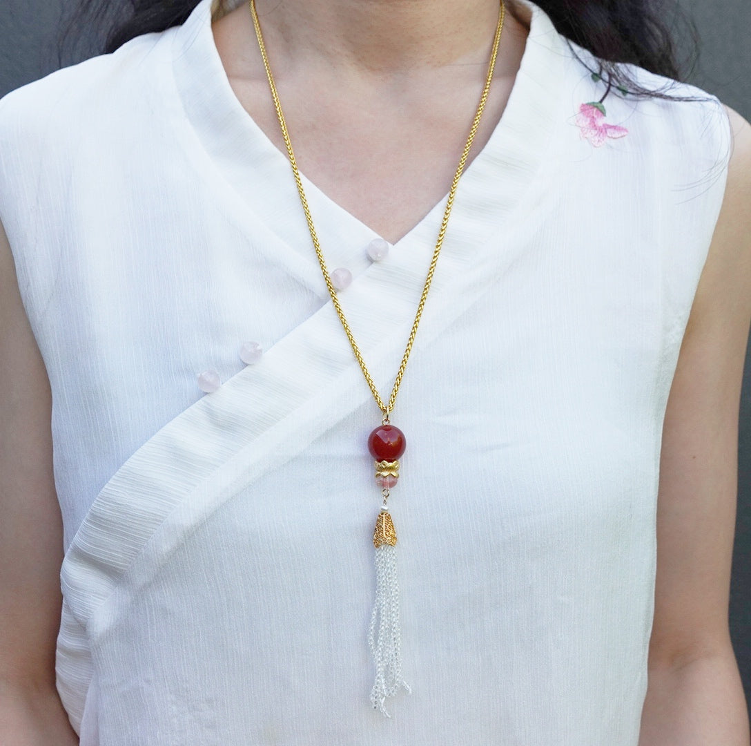 Carnelian Lotus Zircon Tassel Pendant - Yun Boutique