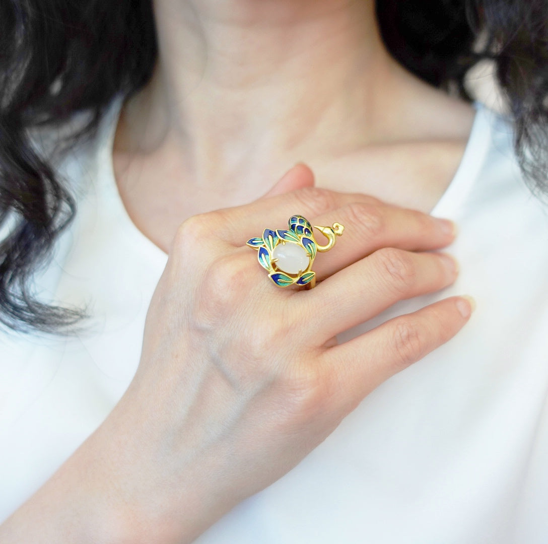 Gold Enamel Peacock Ring - Yun Boutique