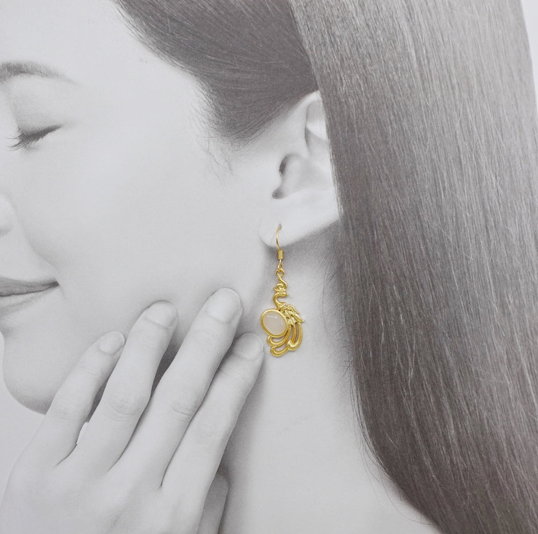 White Jade Gold Phoenix Earrings - Yun Boutique