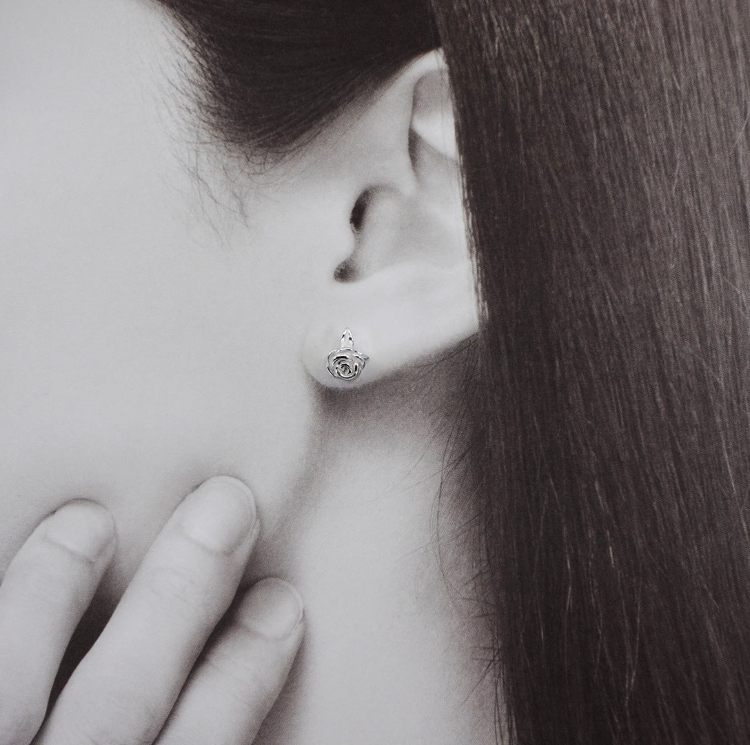 Rose Flower Stud Earrings in Sterling Silver with Pearl Ear Nut - Yun Boutique