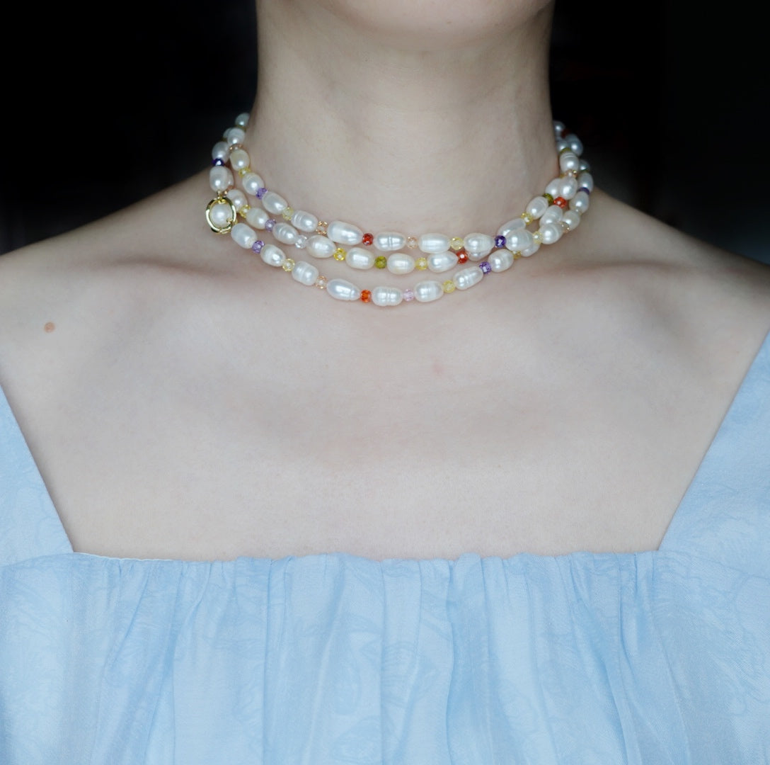 Long Pearl Necklace with Colorful Zirconia