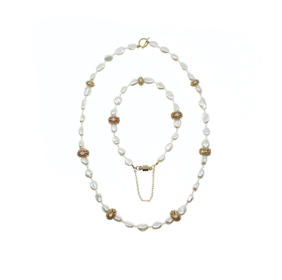 Baroque Pearl Necklace and Bracelet Set with Water Wave