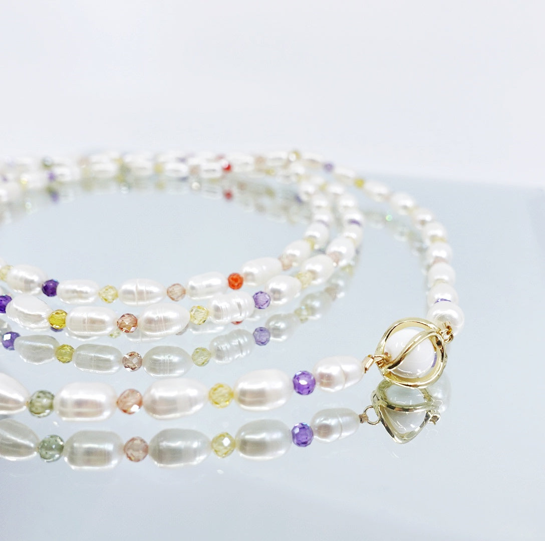 Long Pearl Necklace with Colorful Zirconia