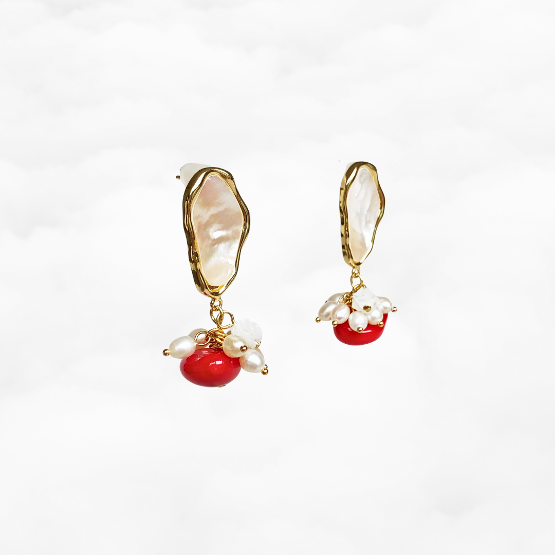 Mother Pearl and Red Coral Cluster Earrings Gold - Yun Boutique