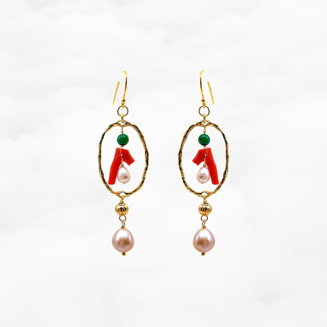 Gold Red Coral Chandelier Earrings