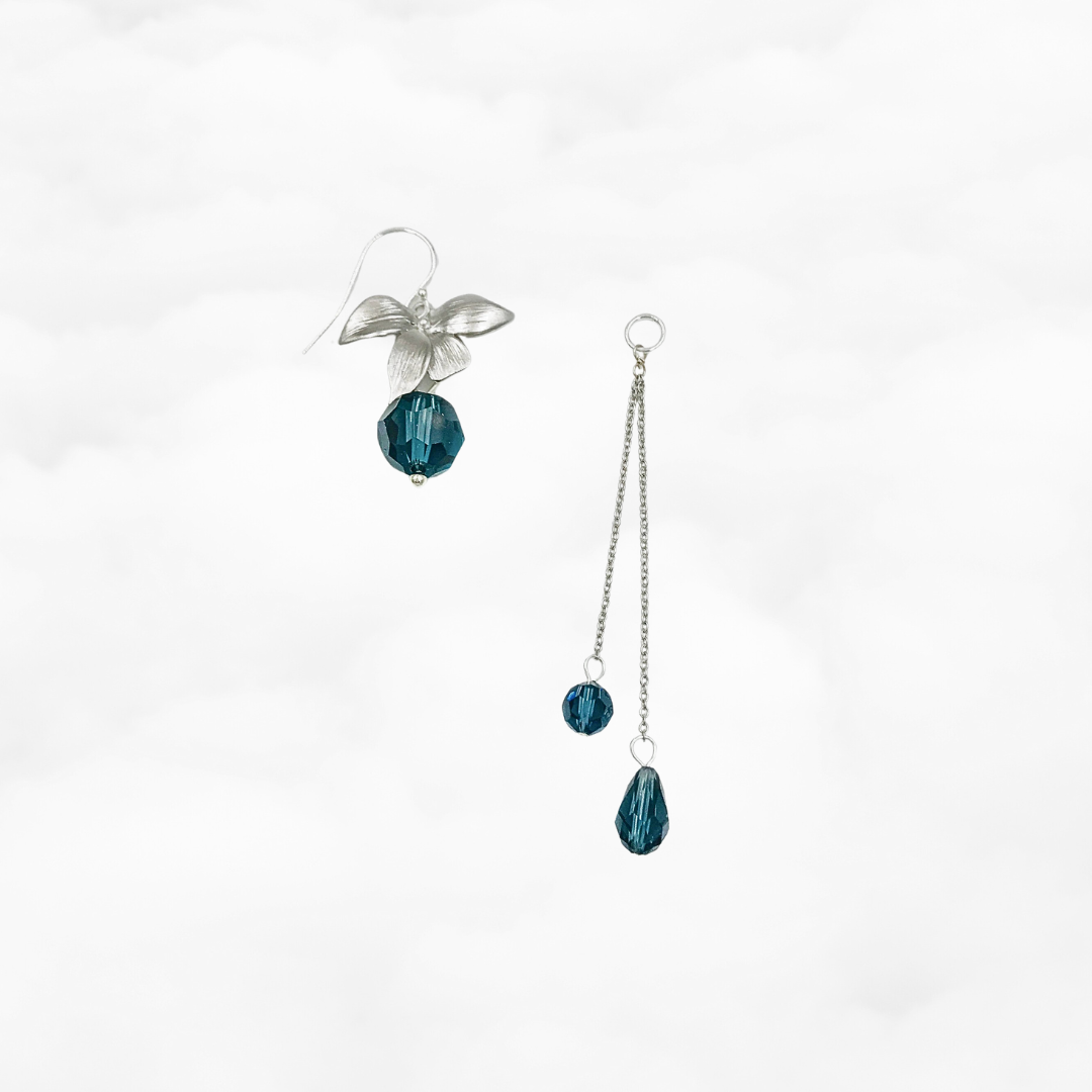 Orchid Flower Teal Crystal Earrings Silver - Yun Boutique