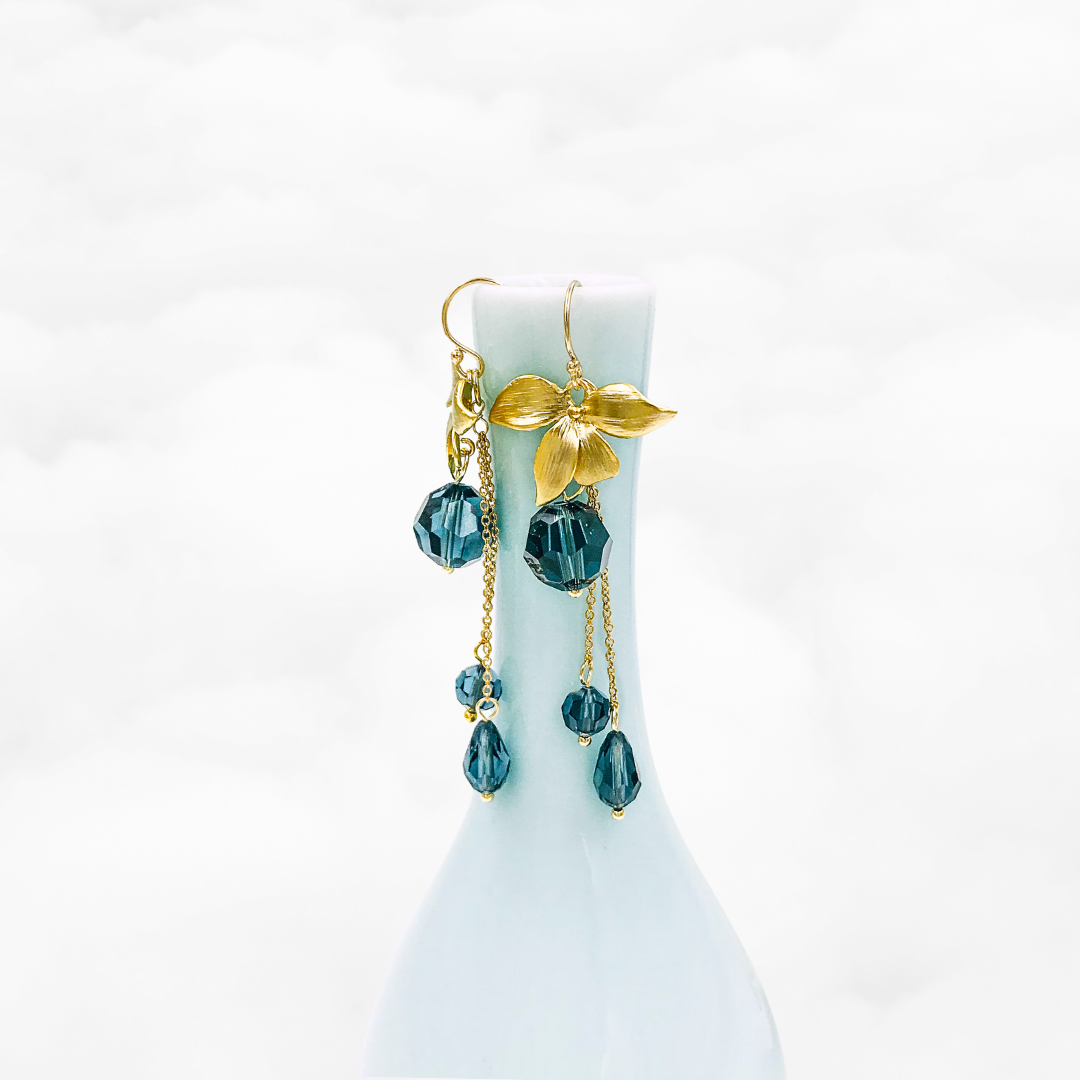 Orchid Flower Teal Crystal Earrings Gold - Yun Boutique