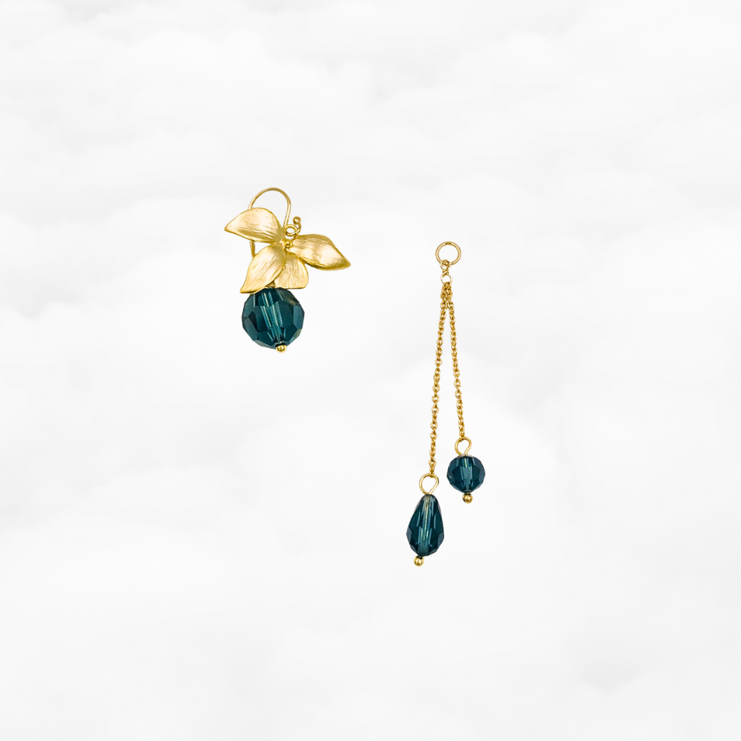 Orchid Flower Teal Crystal Earrings Gold - Yun Boutique
