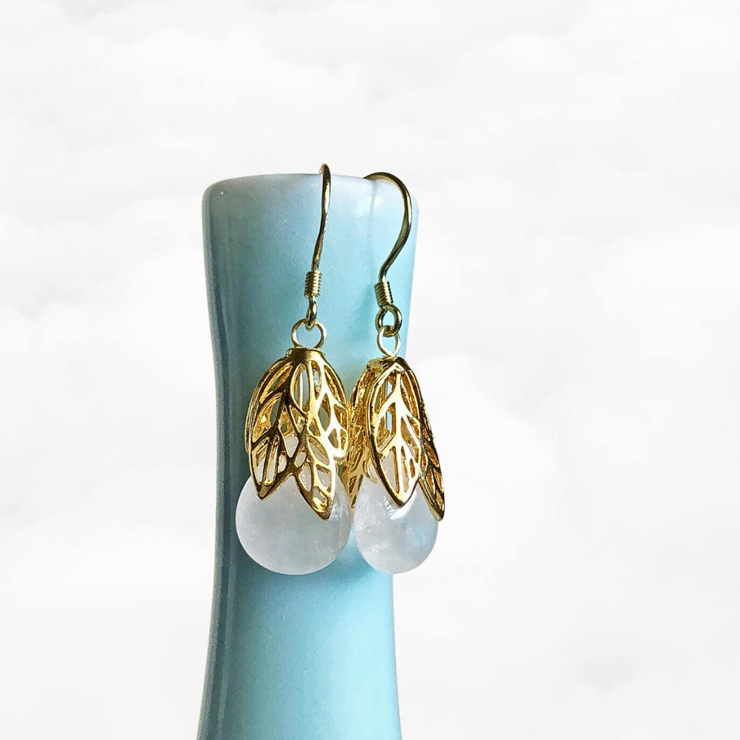 Gold Leaf White Quartz Earrings - Yun Boutique