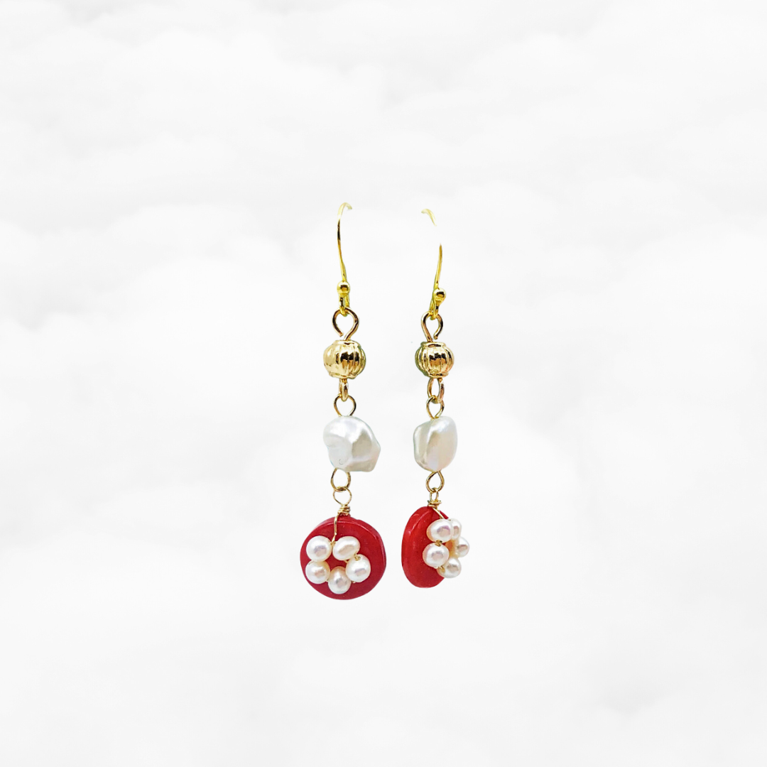 Red Coral Plum Blossom Earrings Gold - Yun Boutique