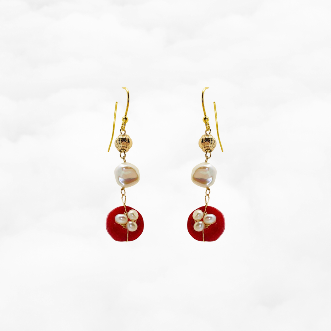 Red Coral Plum Blossom Earrings Gold - Yun Boutique