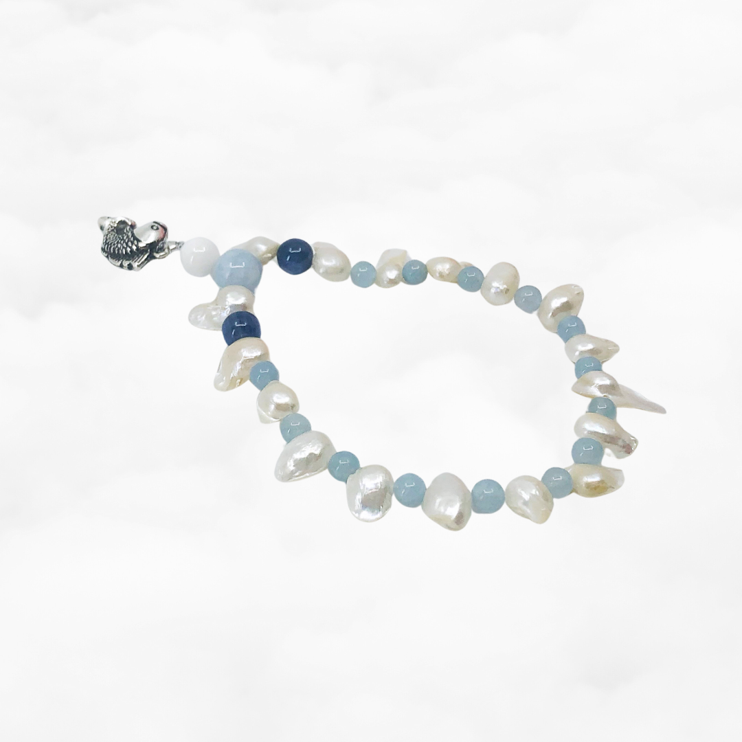 Beaded Pearl and Aquamarine Fish Bracelet - Yun Boutique