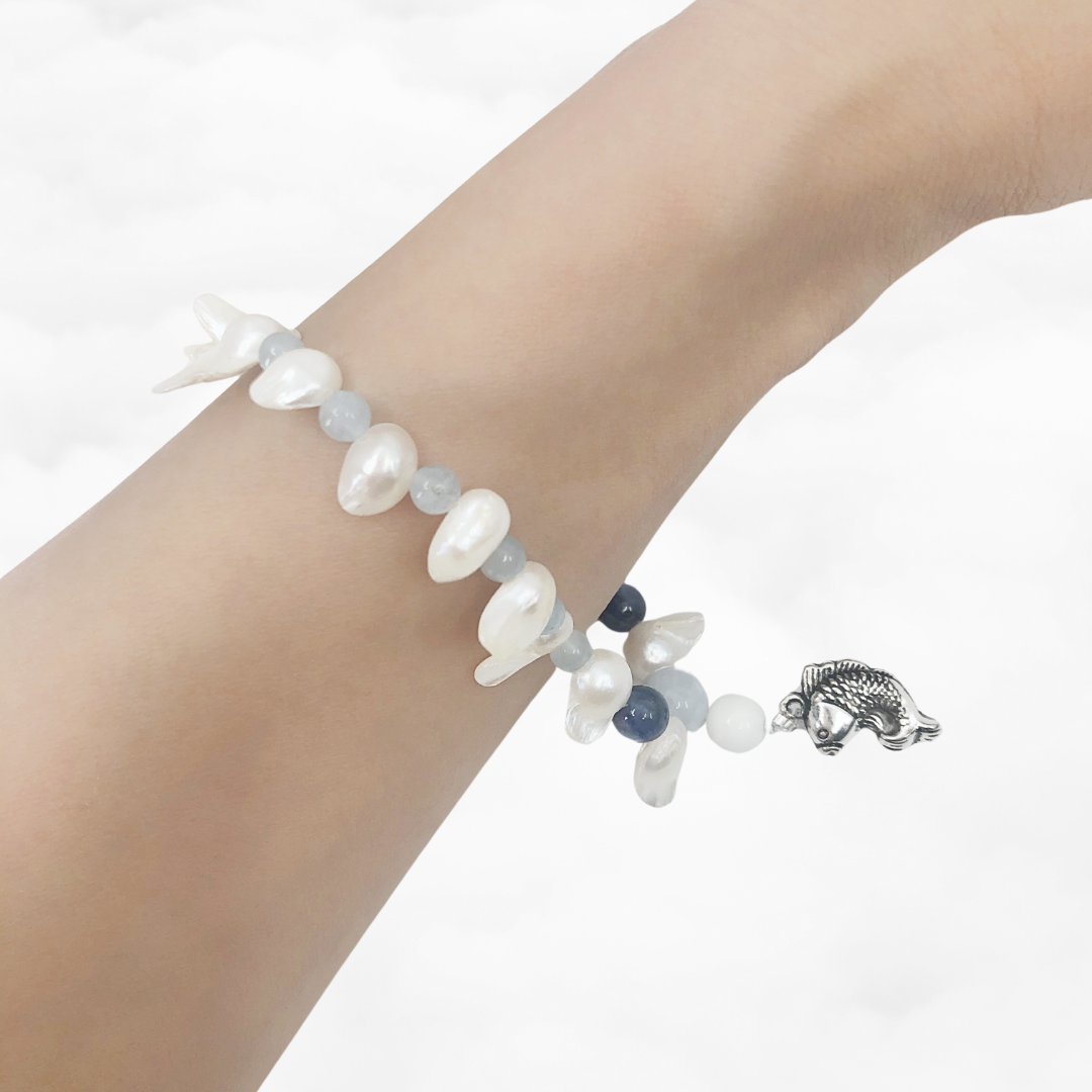 Beaded Pearl and Aquamarine Fish Bracelet - Yun Boutique