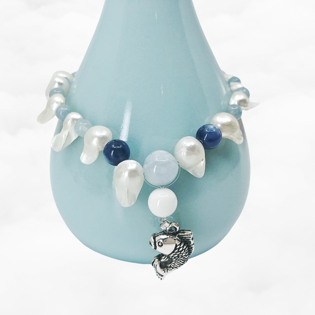 Beaded Pearl and Aquamarine Fish Bracelet - Yun Boutique