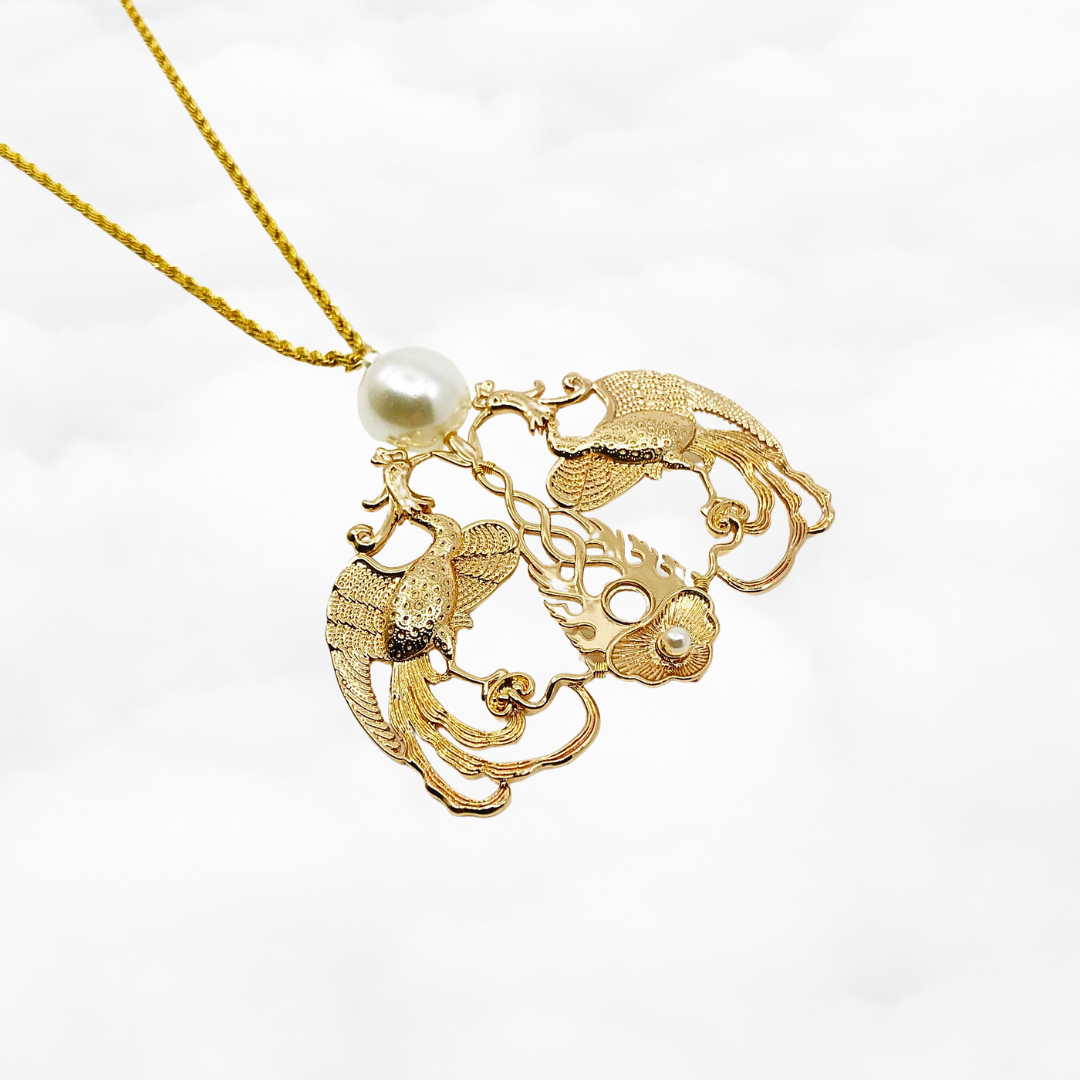Duo Phoenix Pearl Necklace Gold - Yun Boutique