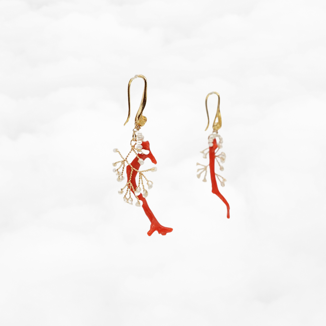 Red Coral and Pearl Branch Earrings - Yun Boutique