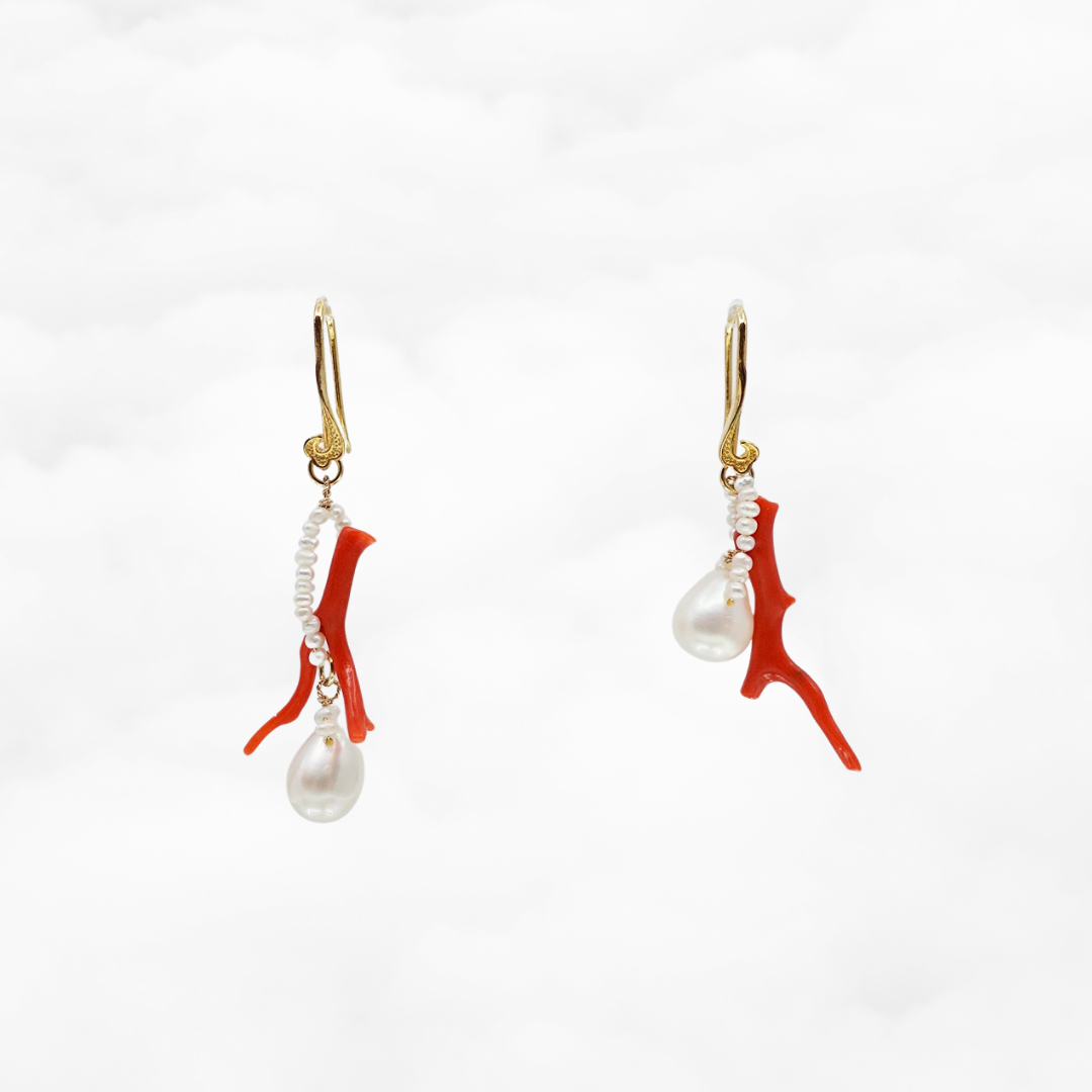 Red Coral and Pearl Branch Earrings - Yun Boutique