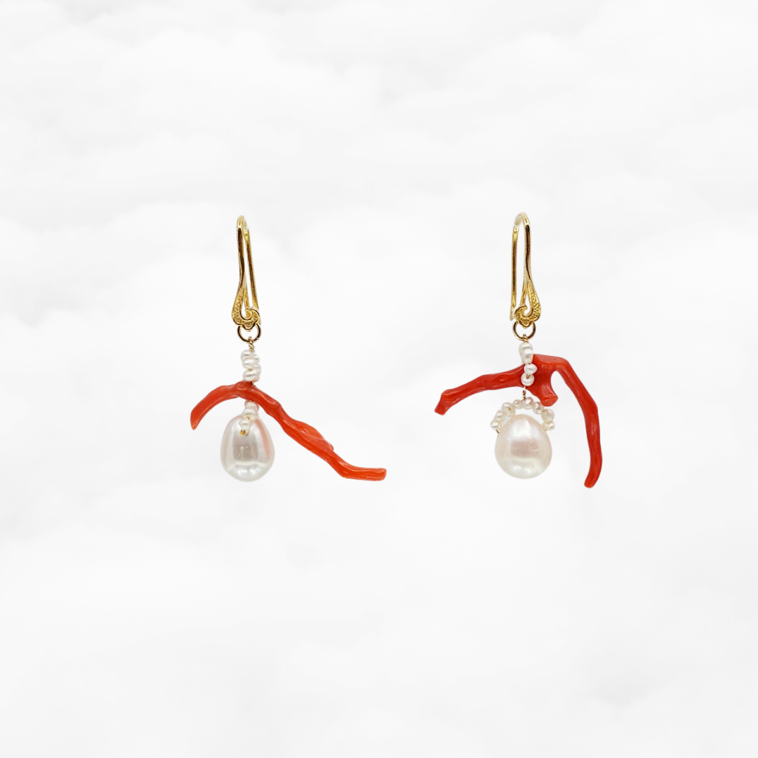 Red Coral and Pearl Branch Earrings - Yun Boutique