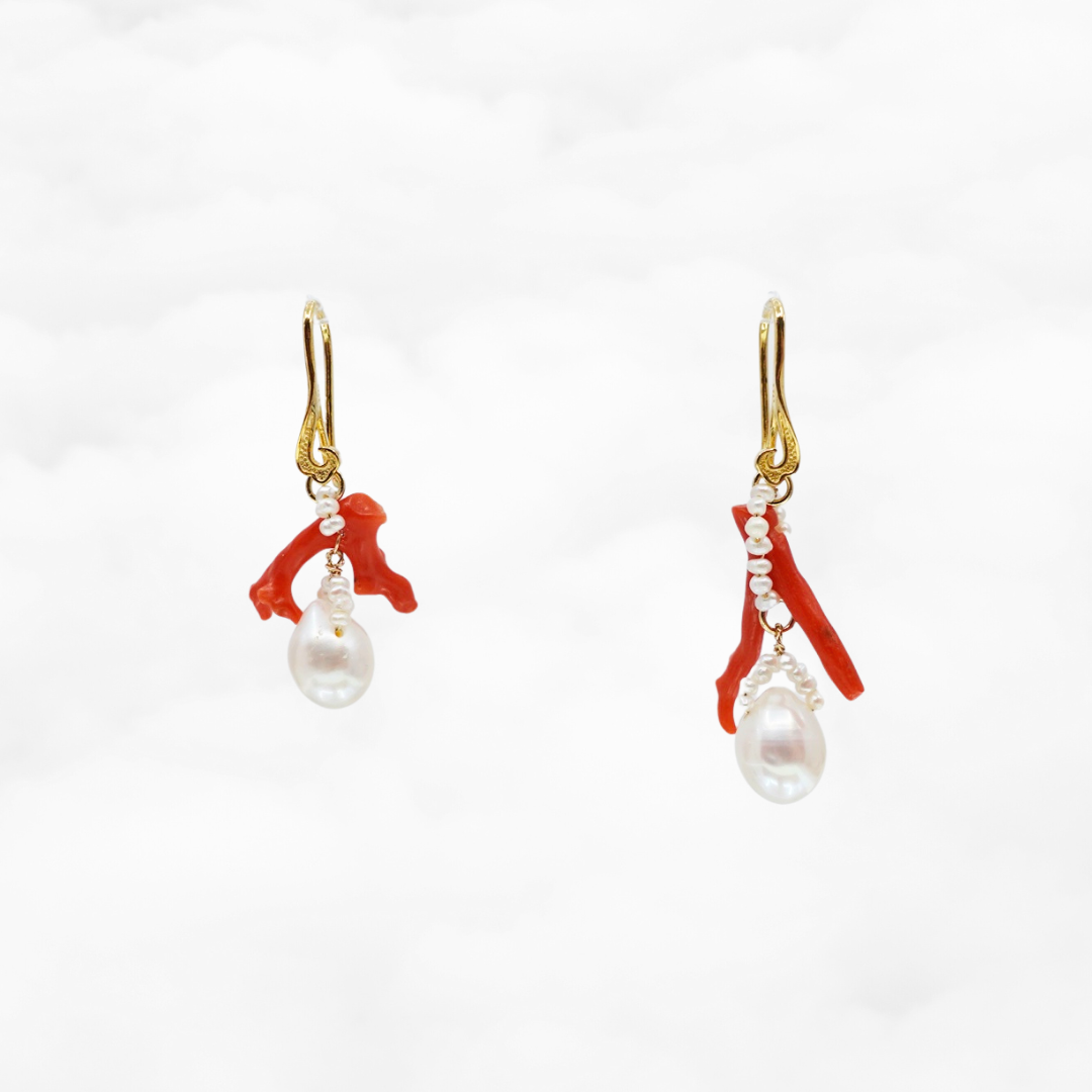 Red Coral and Pearl Branch Earrings - Yun Boutique