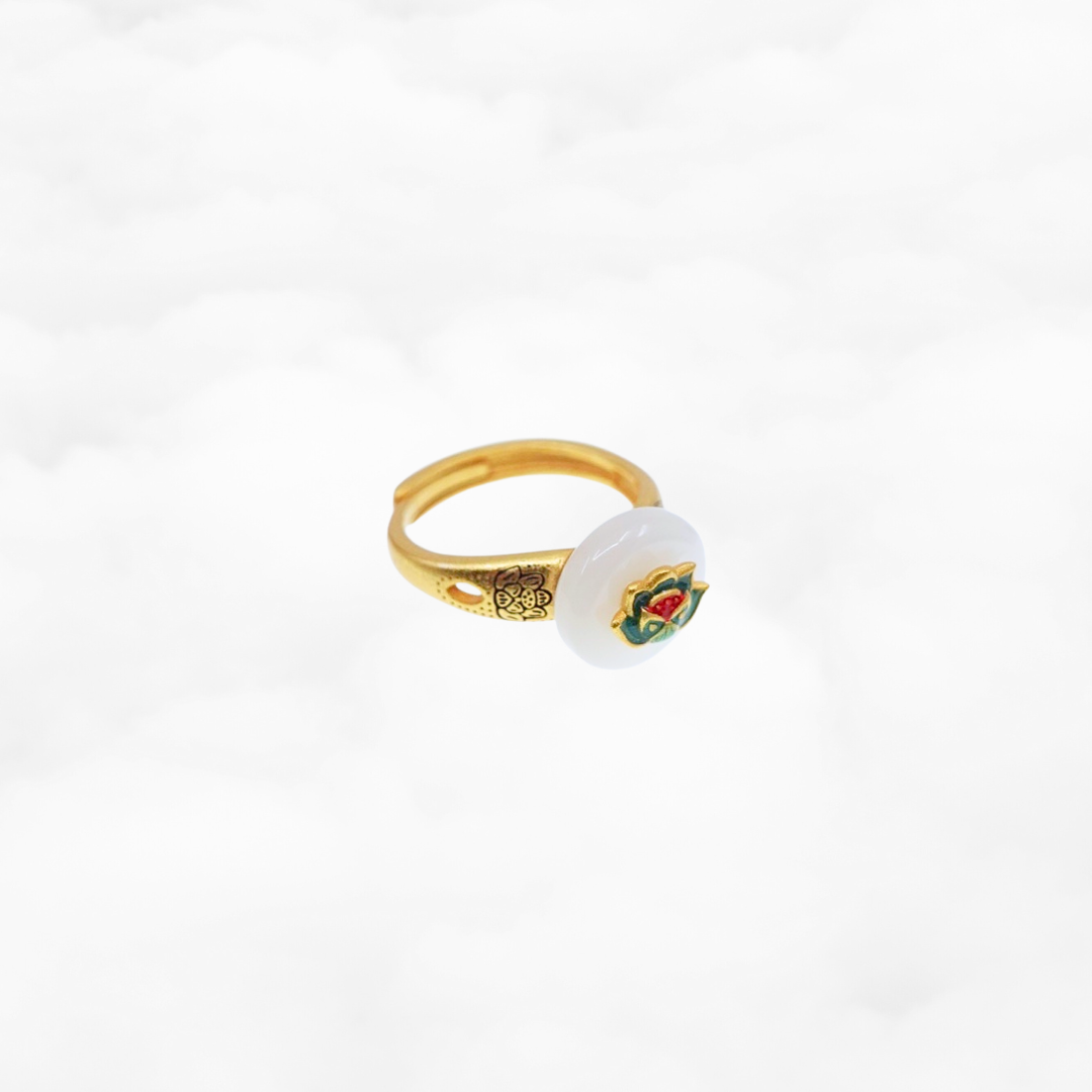 White Jade Auspicious Lotus Ring - Yun Boutique