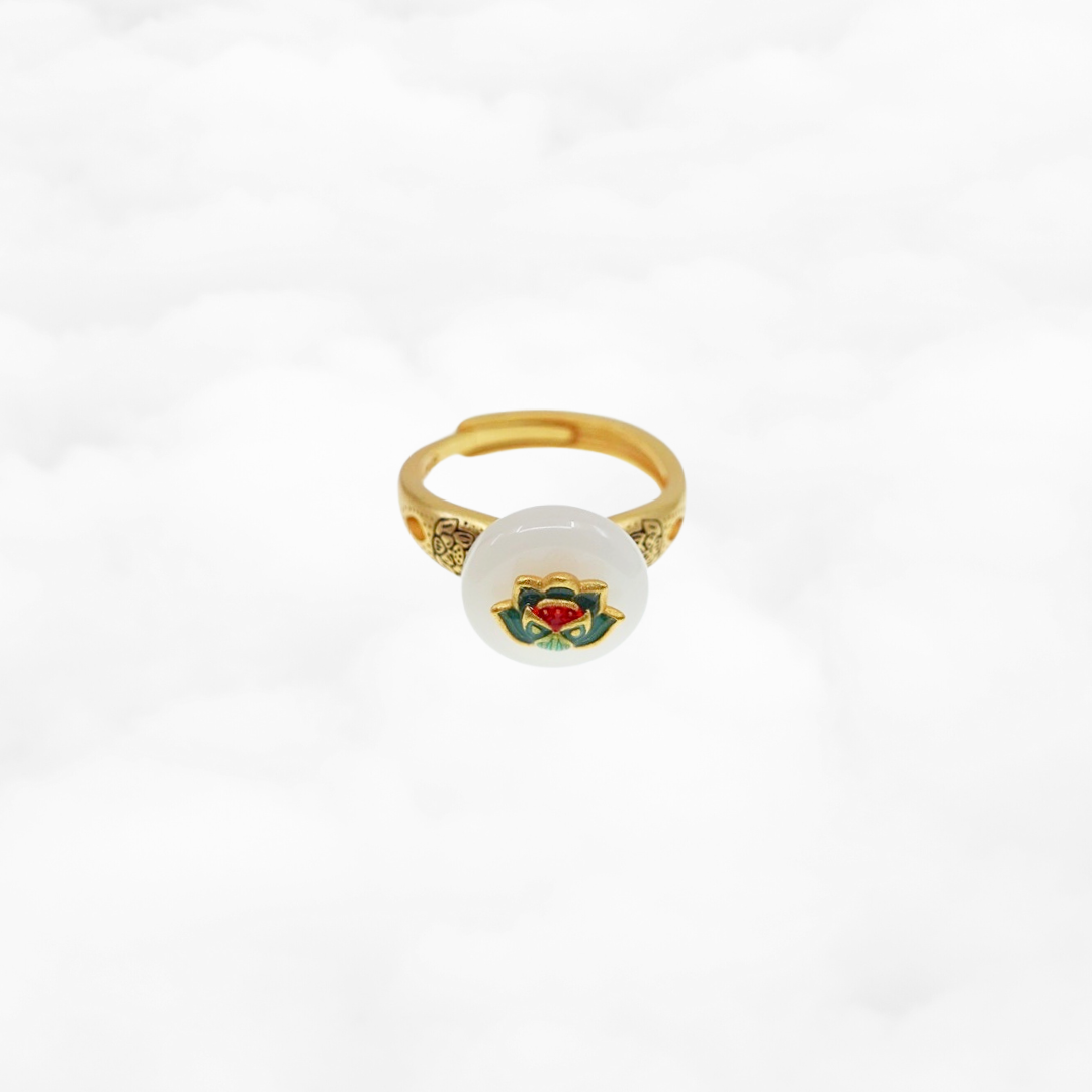 White Jade Auspicious Lotus Ring - Yun Boutique