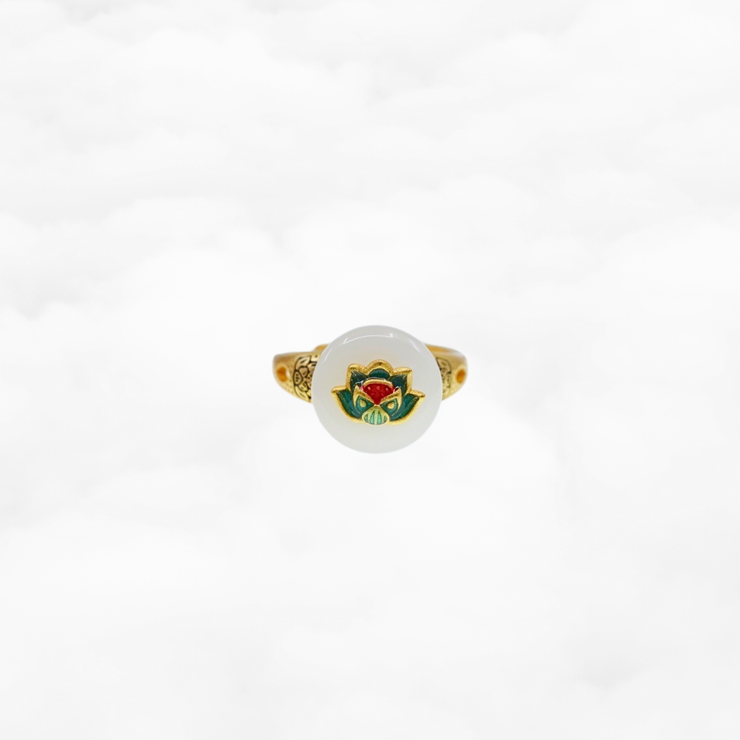 White Jade Auspicious Lotus Ring - Yun Boutique