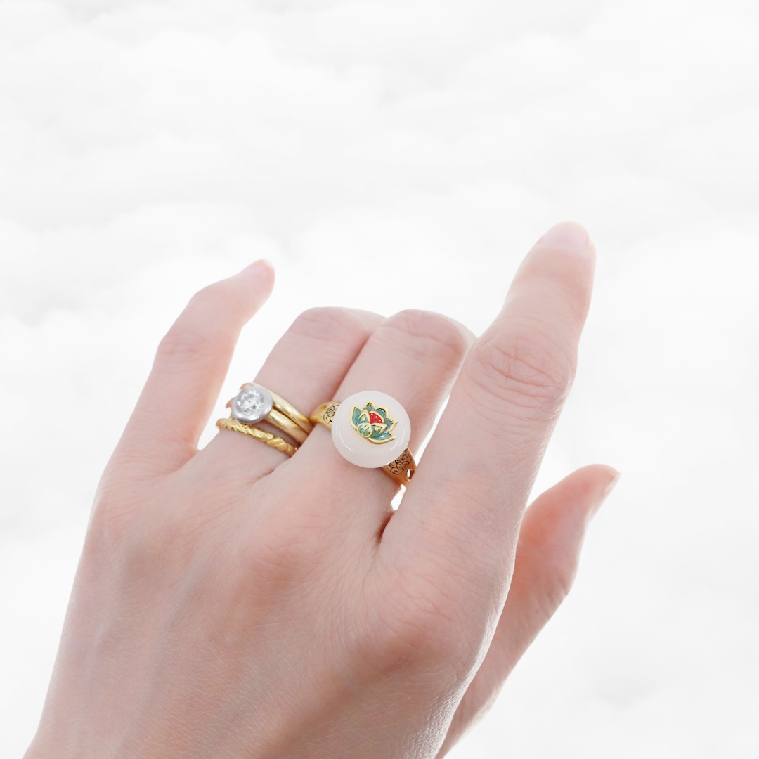White Jade Auspicious Lotus Ring - Yun Boutique