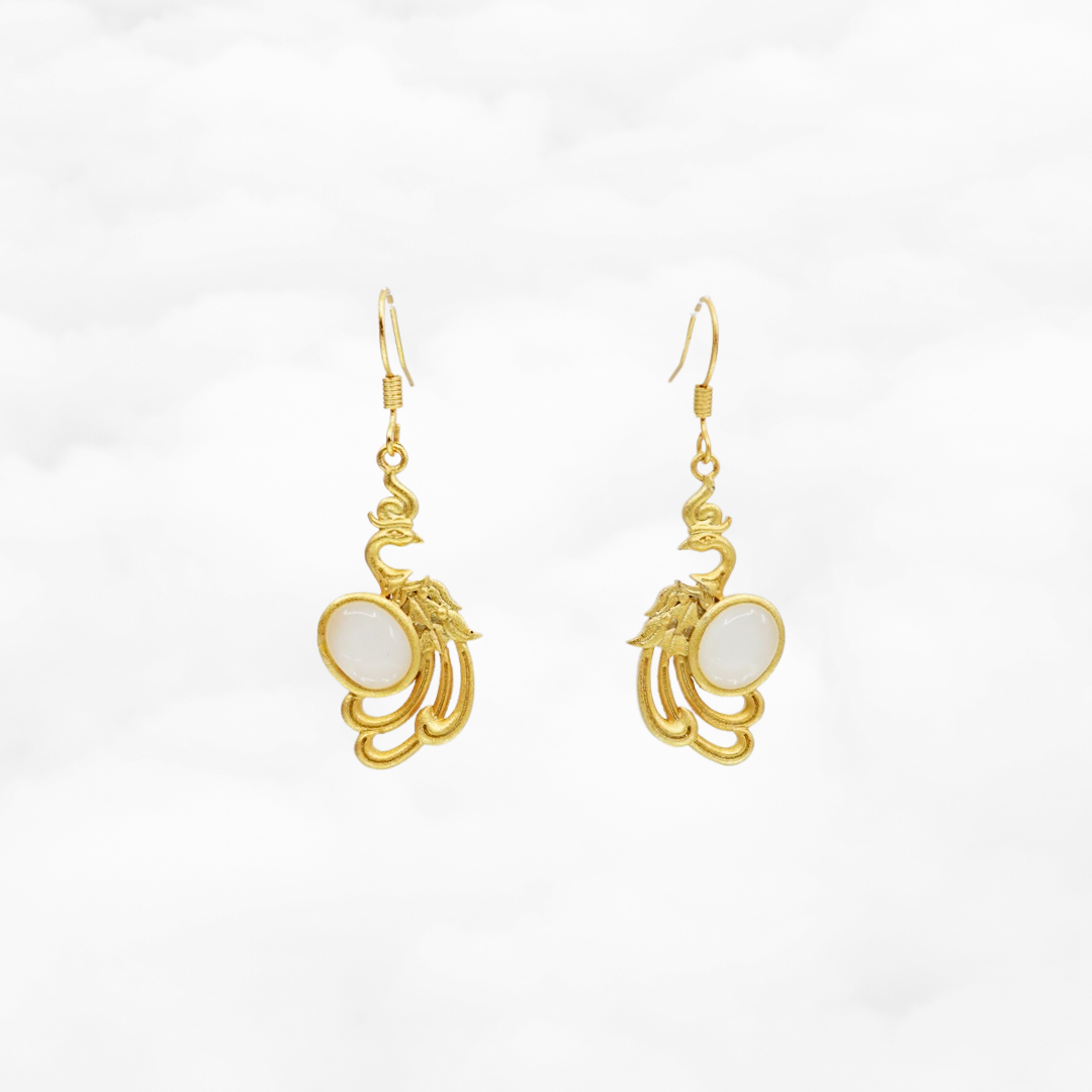White Jade Gold Phoenix Earrings - Yun Boutique