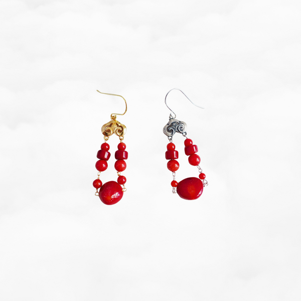 Red Coral Chandelier Earrings With 925 Sterling Silver Hooks - Tibetan Style, Women's