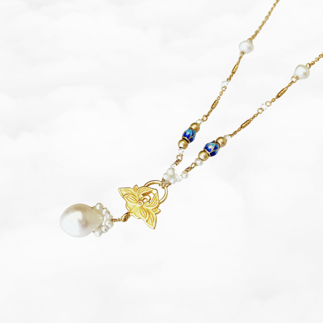 Gold Enamel Lotus/Butterfly Pearl Necklace 16 Inch - Yun Boutique