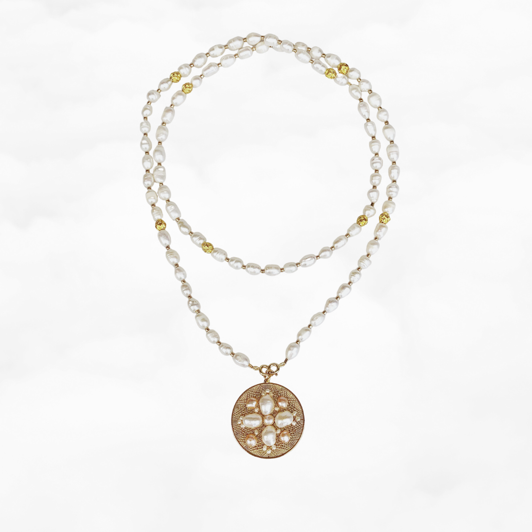 Yun Boutique Auspicious Flower Wire Wrapped Pearl Pendant Gold