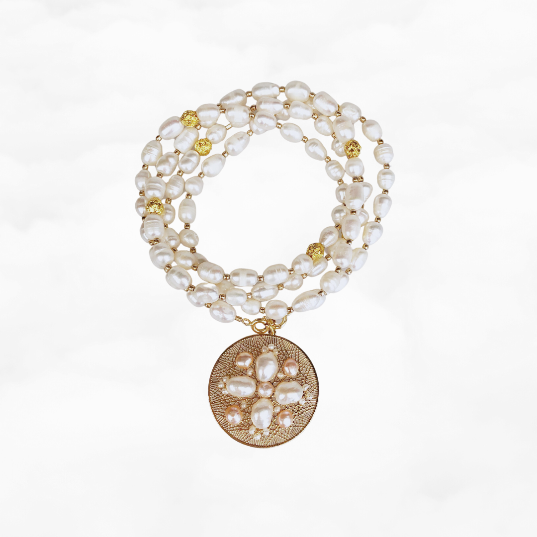 Auspicious Flower Pearl Pendant Gold - Yun Boutique