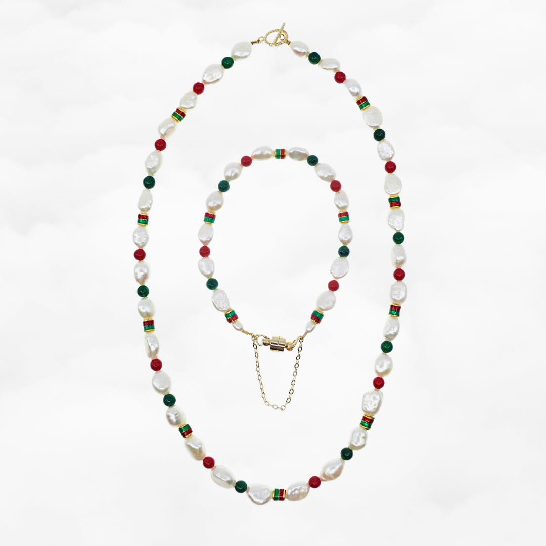Baroque Pearl Necklace and Bracelet Set (Red and Green) - Yun Boutique