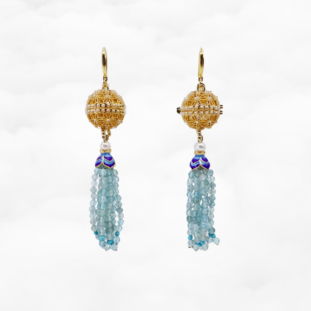 Herbal Locket Gemstone Tassel Earrings - Aquamarine - Yun Boutique
