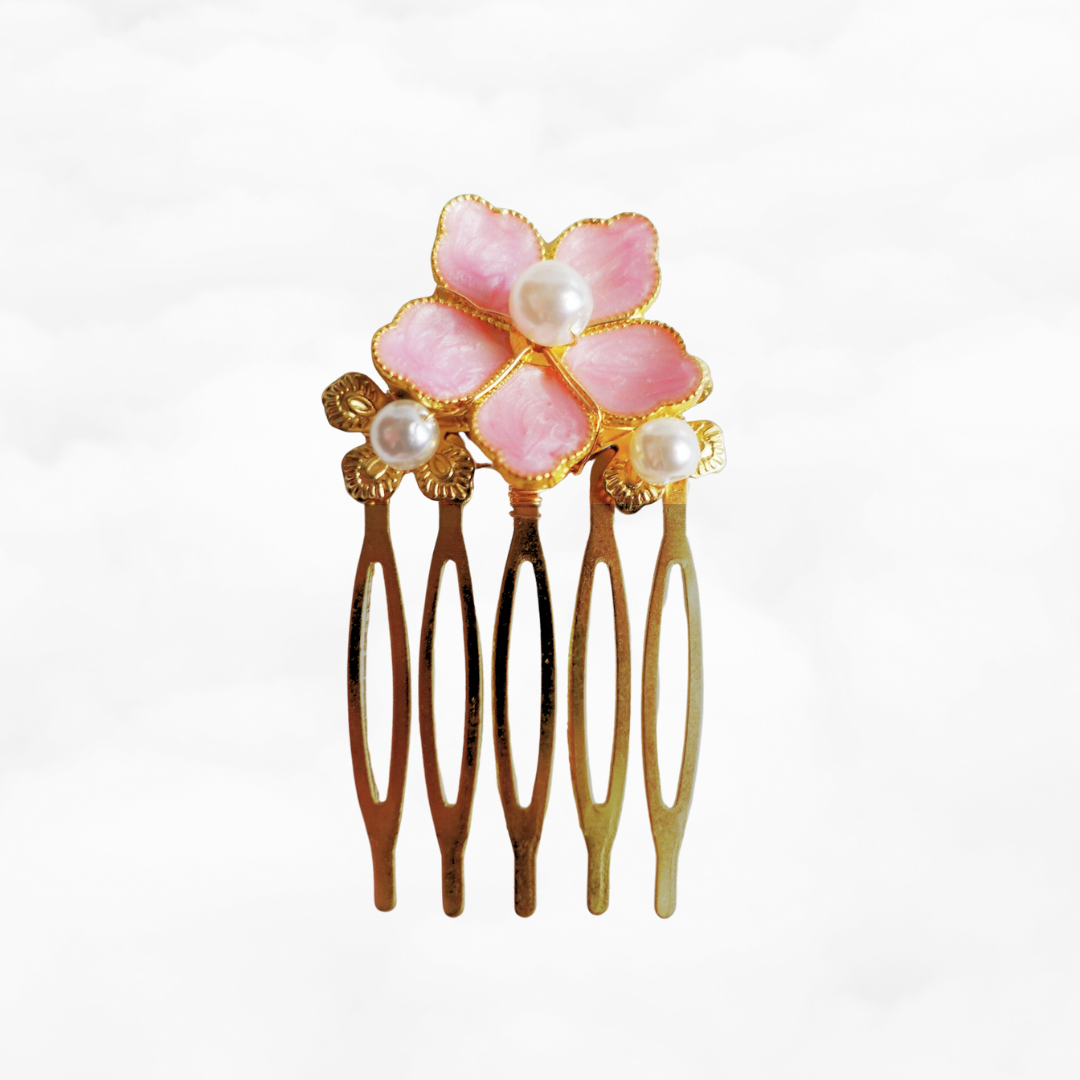Coral Pink Enamel Flower and Pearl Hair Comb | Yun Boutique