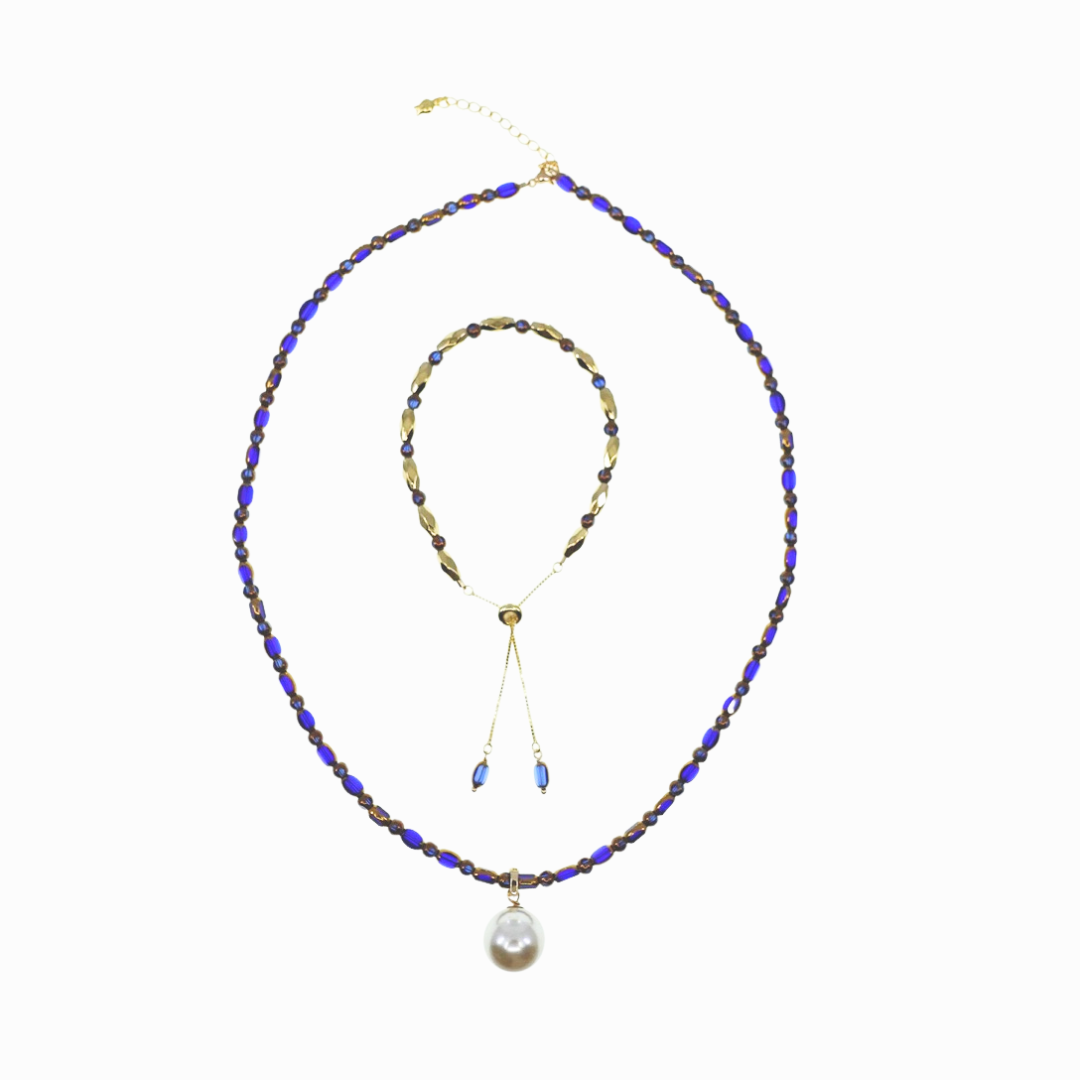 Royal Blue Elegance Faux Pearl Pendant Necklace and Bracelet Set