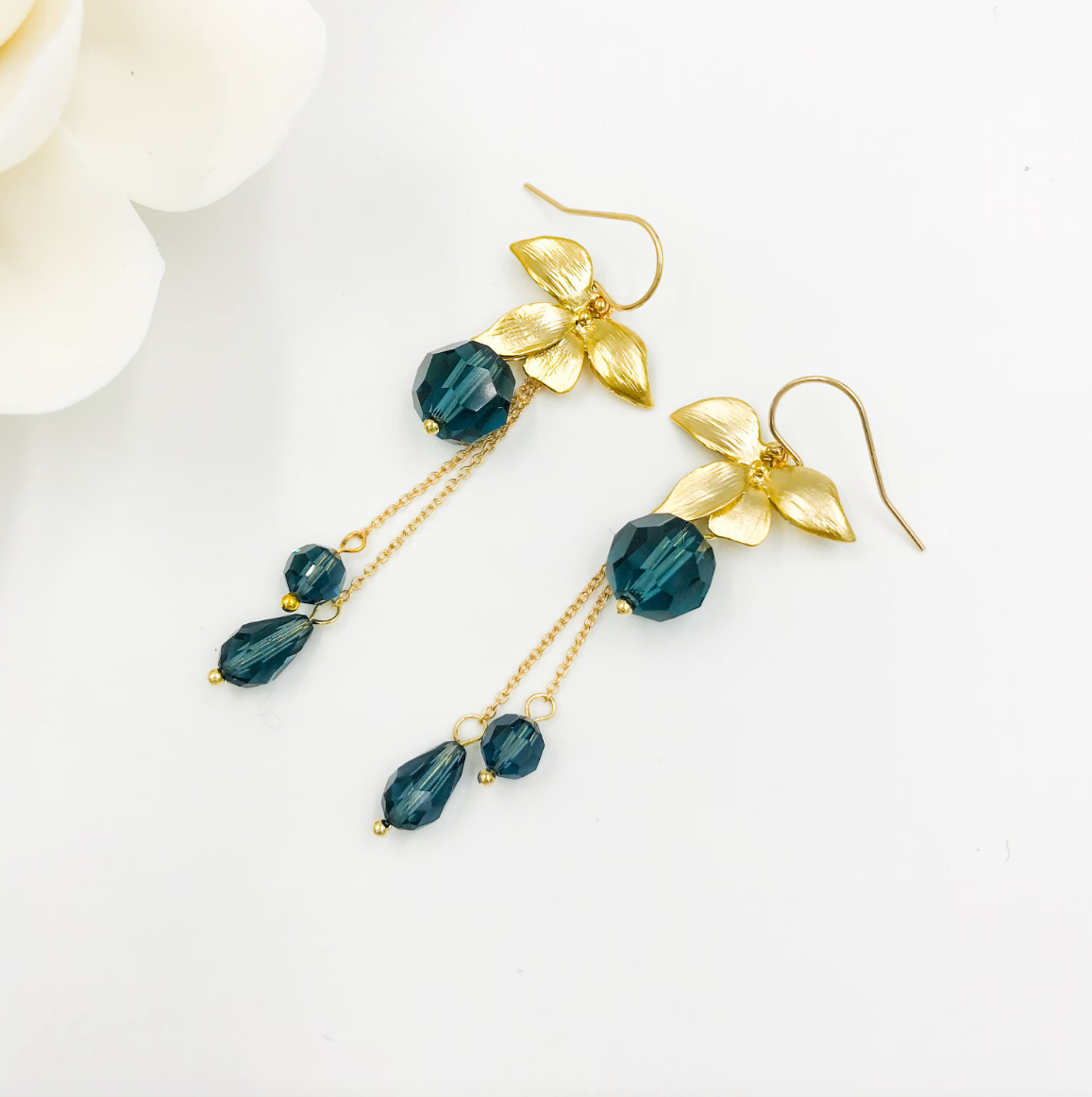 Orchid Flower Teal Crystal Earrings Gold - Yun Boutique
