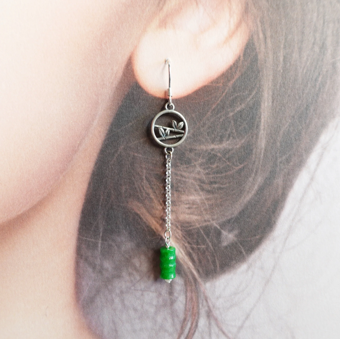 Bamboo Theme Green Jade Earrings - Yun Boutique