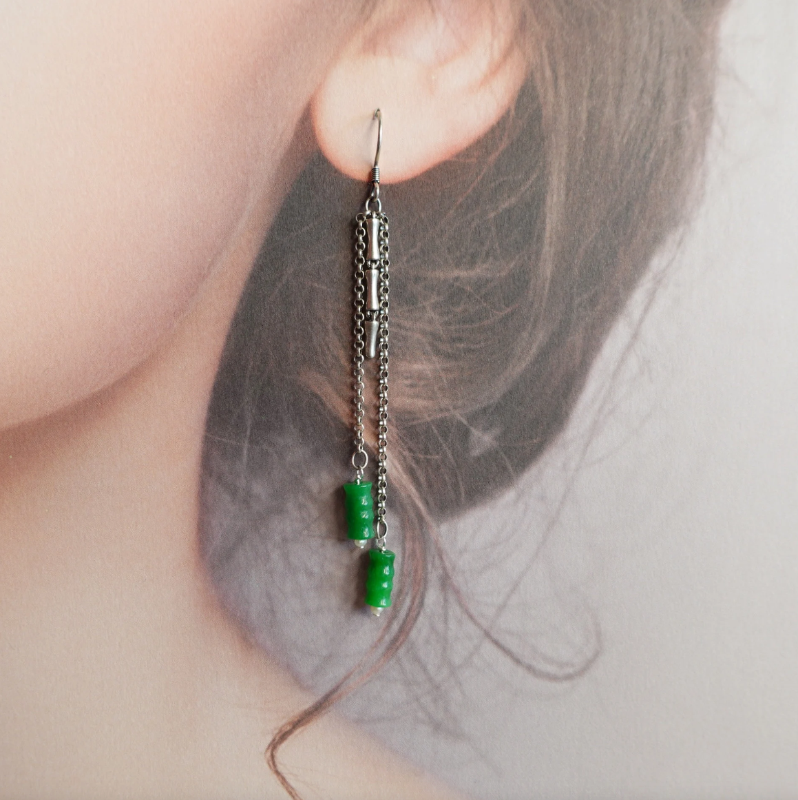 Bamboo Asymmetrical Jadeite Earrings in Sterling Silver - Yun Boutique