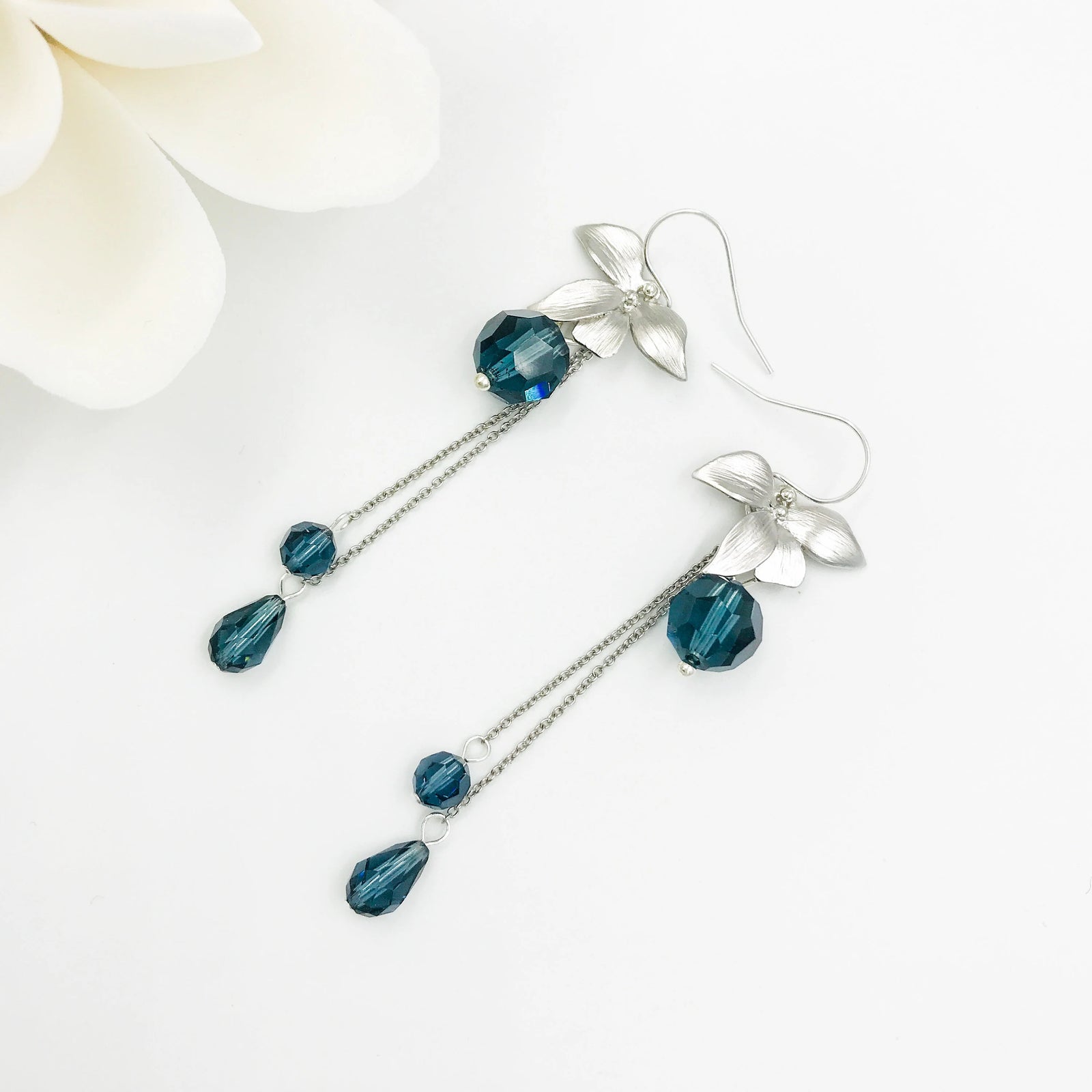 Orchid Flower Teal Crystal Earrings Silver - Yun Boutique