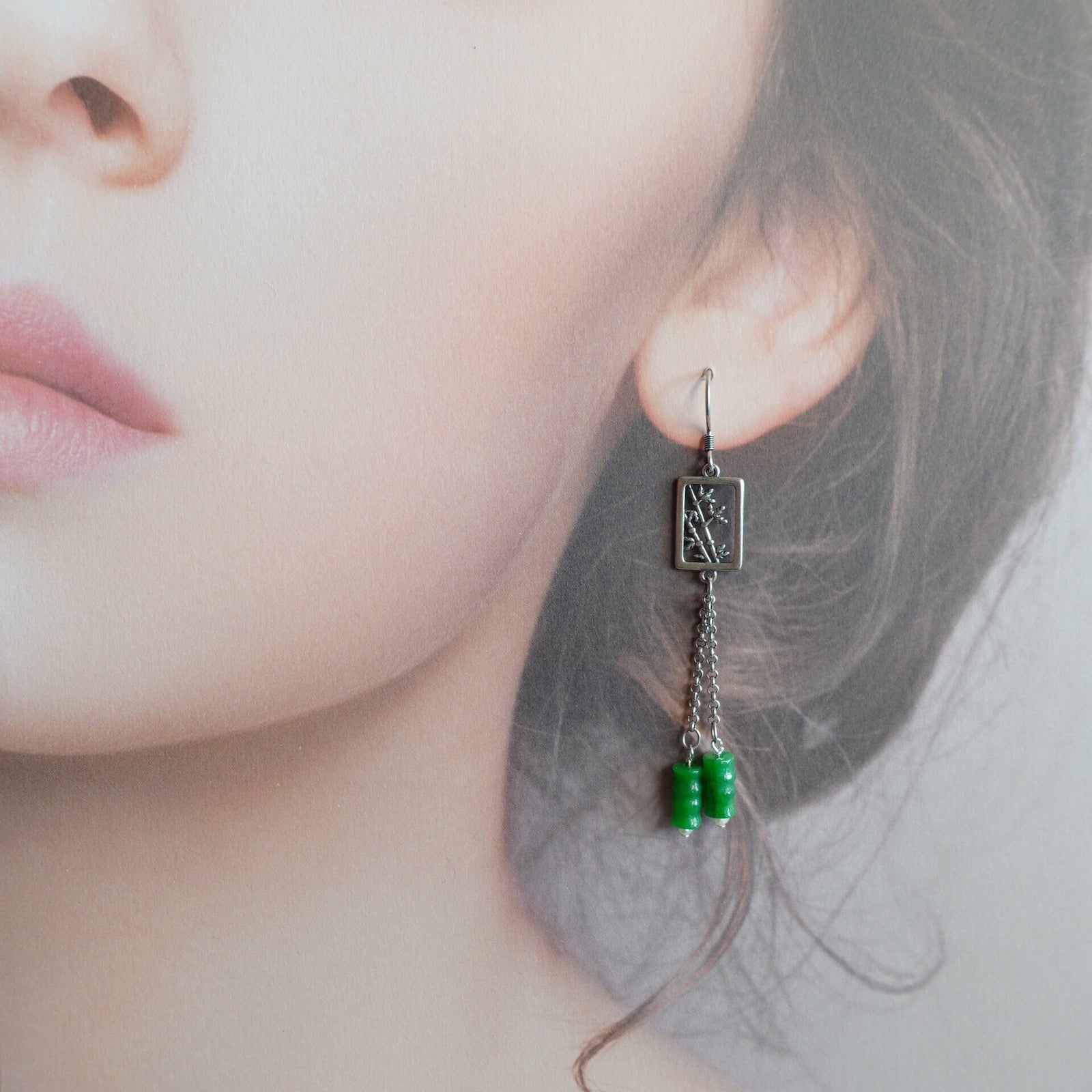 Bamboo Theme Green Jade Earrings - Yun Boutique