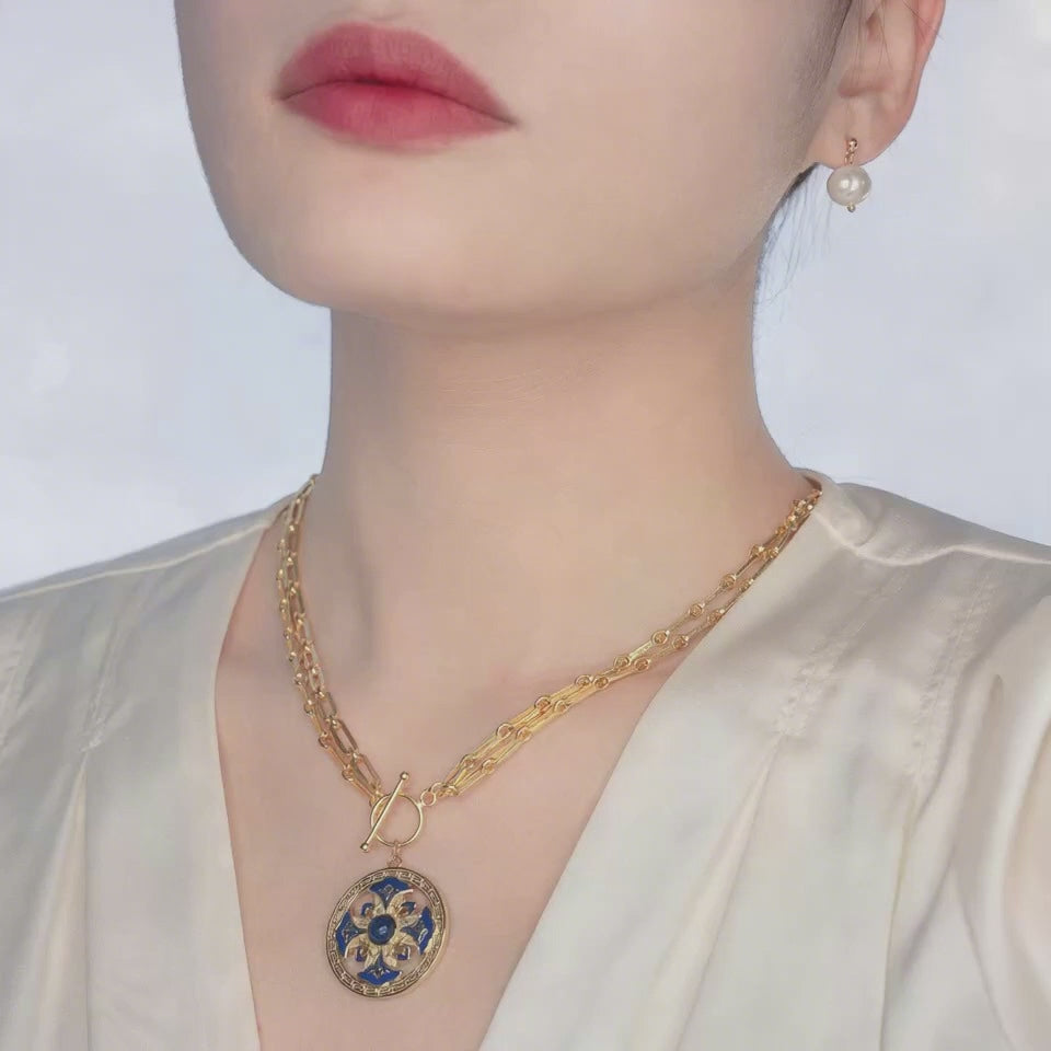 Auspicious Flower Enamel Pendant Necklace Gold - Yun Boutique