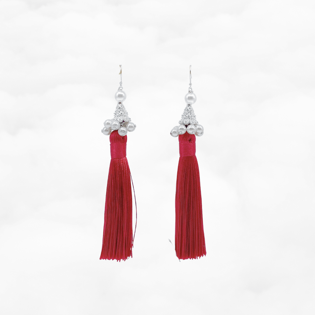 Silk Red Tassel Earrings Silver - Yun Boutique